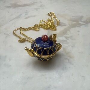 Gold and Blue Teapot Pendant Necklace